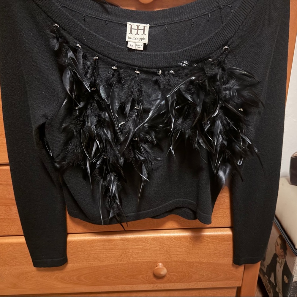 Haute Hippie Black Feather Embellished Sweater